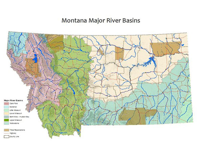 A map of Montana showing the major water basins that are listed above