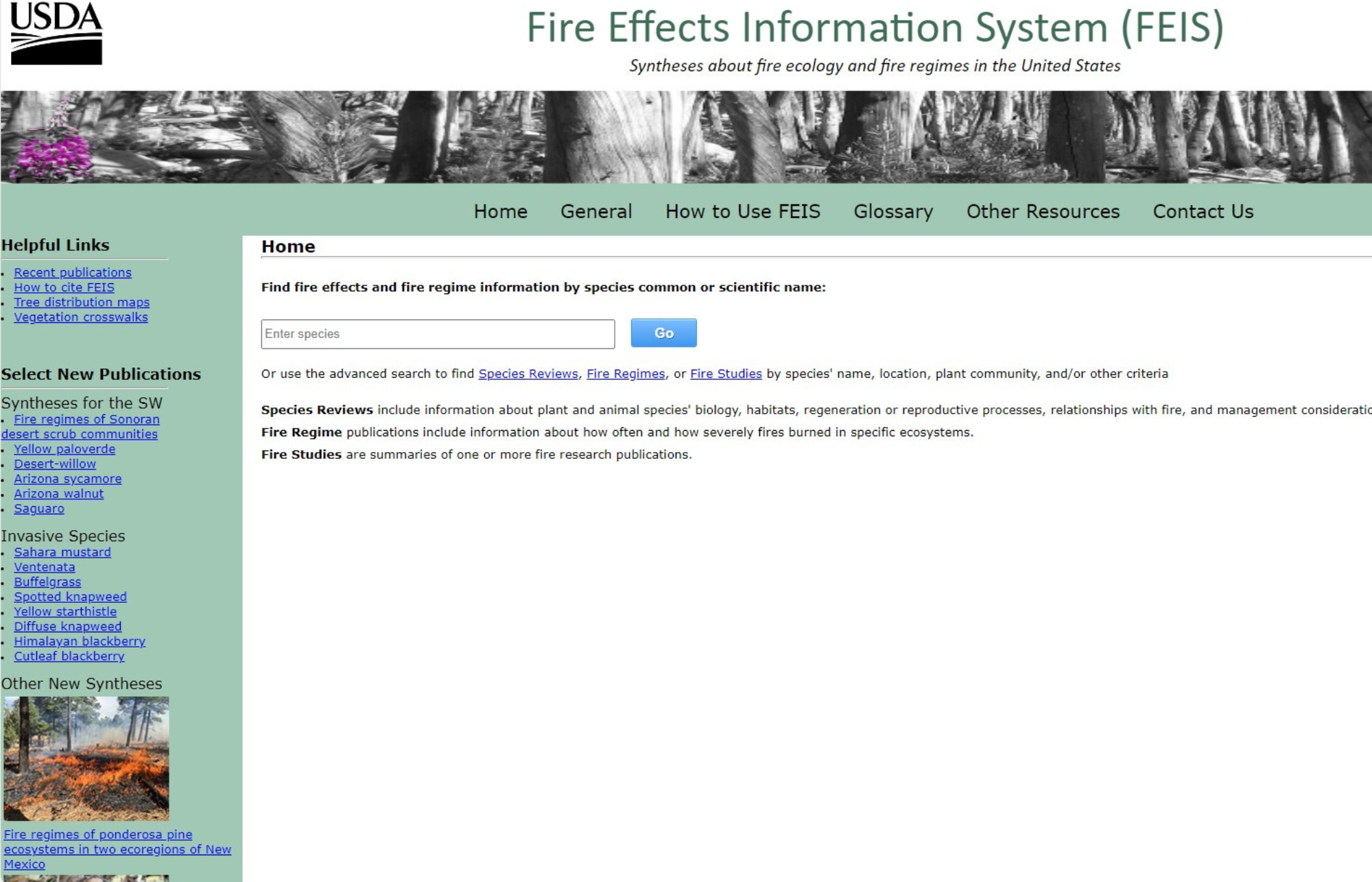 screenshot of the home screen of the fire effects information system home page