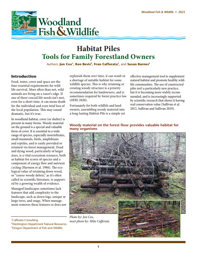 front cover of habitat piles publication with pictures of wood material constructed for habitat