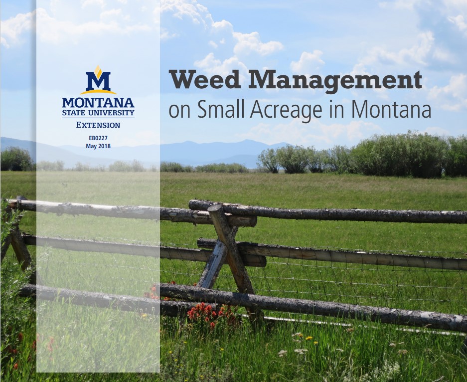 front cover of weed management on small acreage with field in background against mountains