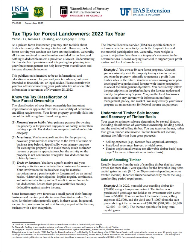 First page of Tax Tips for Forest Landowners: 2022 tax year 