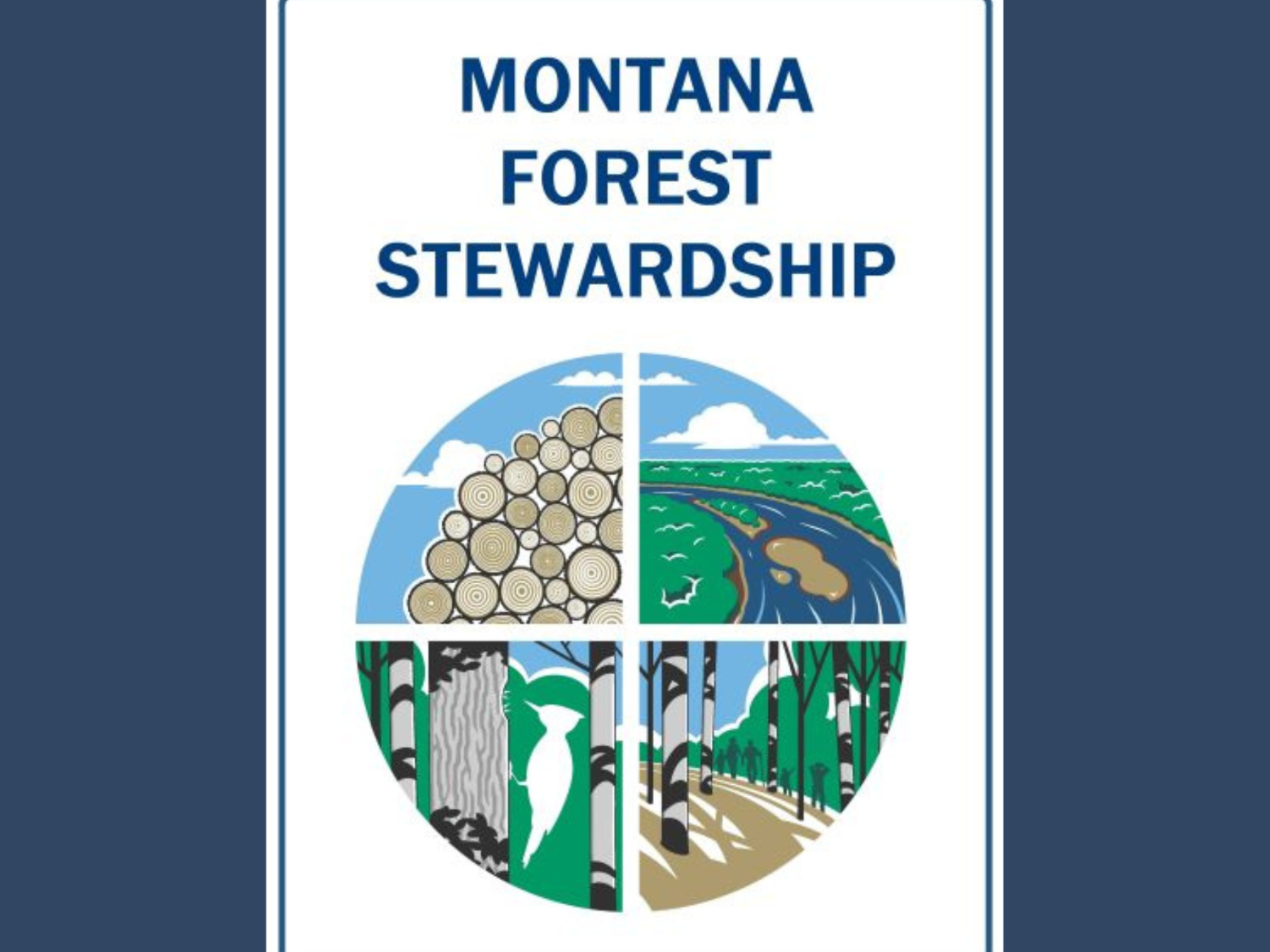 photo of the MSU Extension Stewardship workshop sign with bird, trees, river, and wood pile