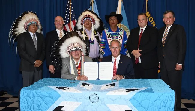Compact signing ceremony between the State of Montana, Blackfeet Tribe, and the United States in 2018.