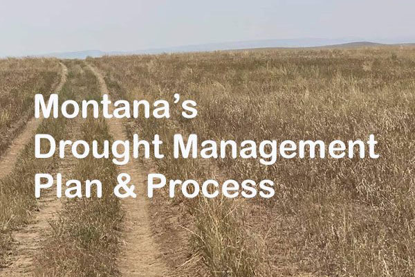 Dry drought grasslands with the words - Montana's Drought Management Plan and Process